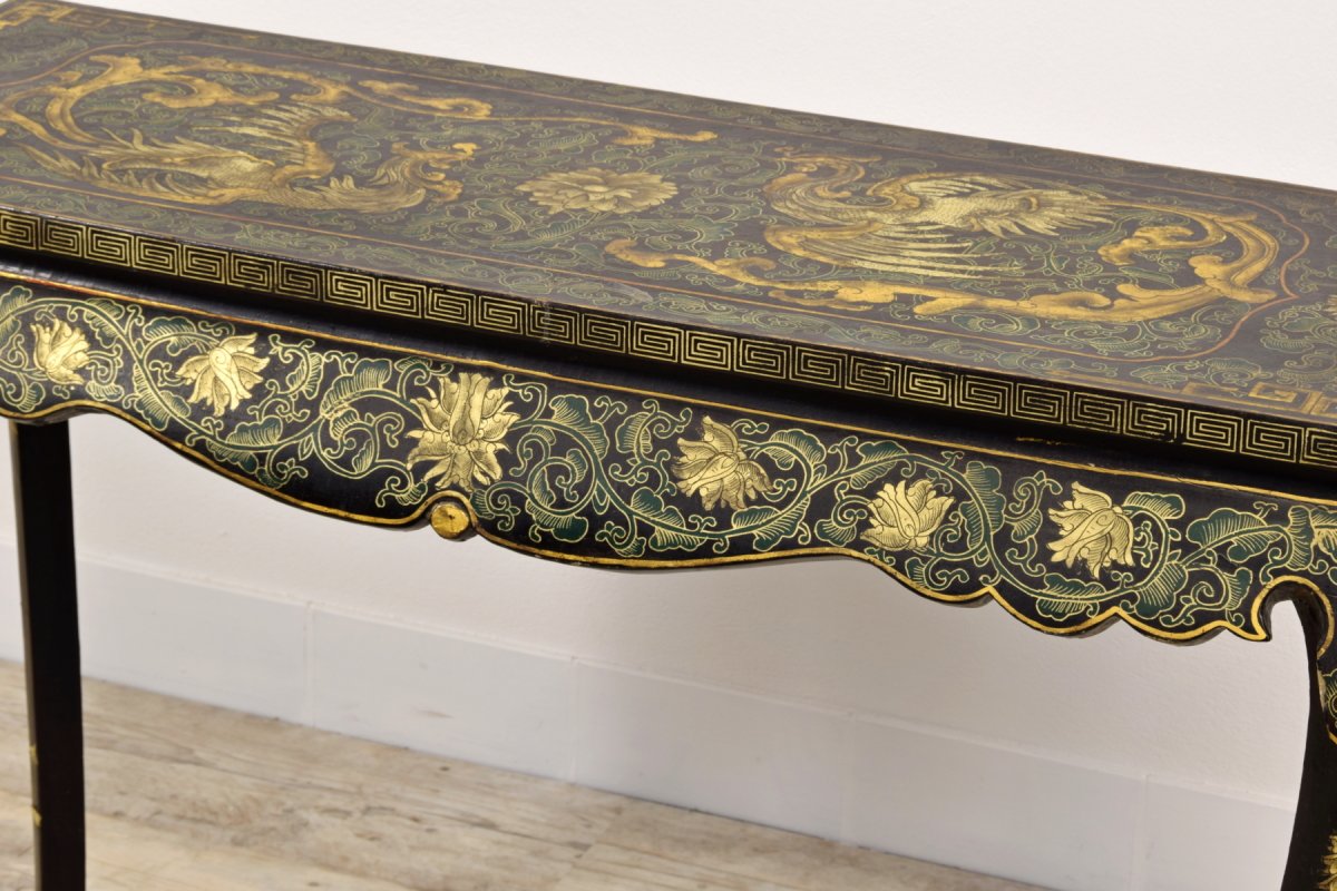 19th Century, Oriental Lacquered And Gilt Wood Console Table-photo-2