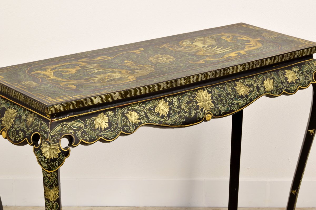 19th Century, Oriental Lacquered And Gilt Wood Console Table-photo-4