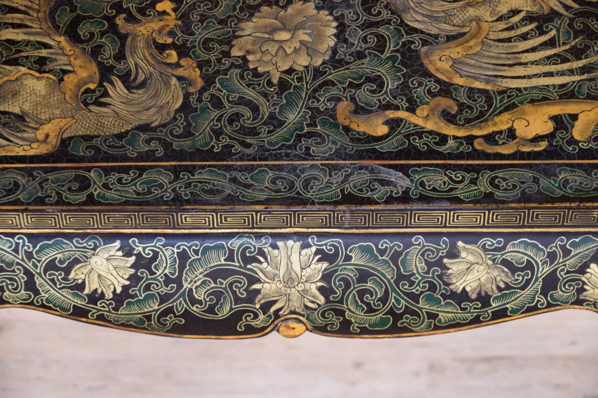 19th Century, Oriental Lacquered And Gilt Wood Console Table-photo-7