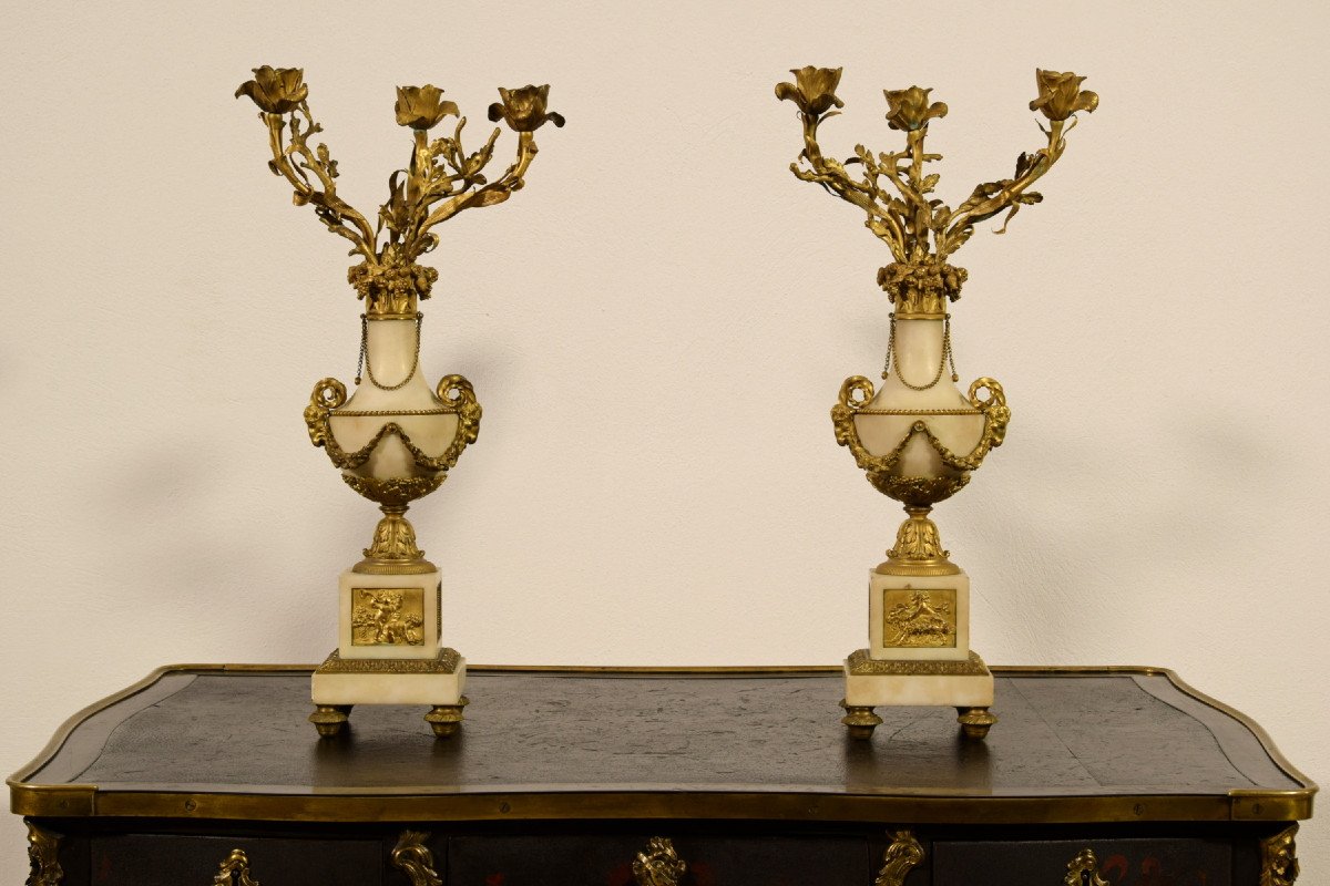 19th Century, Pair Of French Gilt Bronze And Marble Candelabra-photo-2