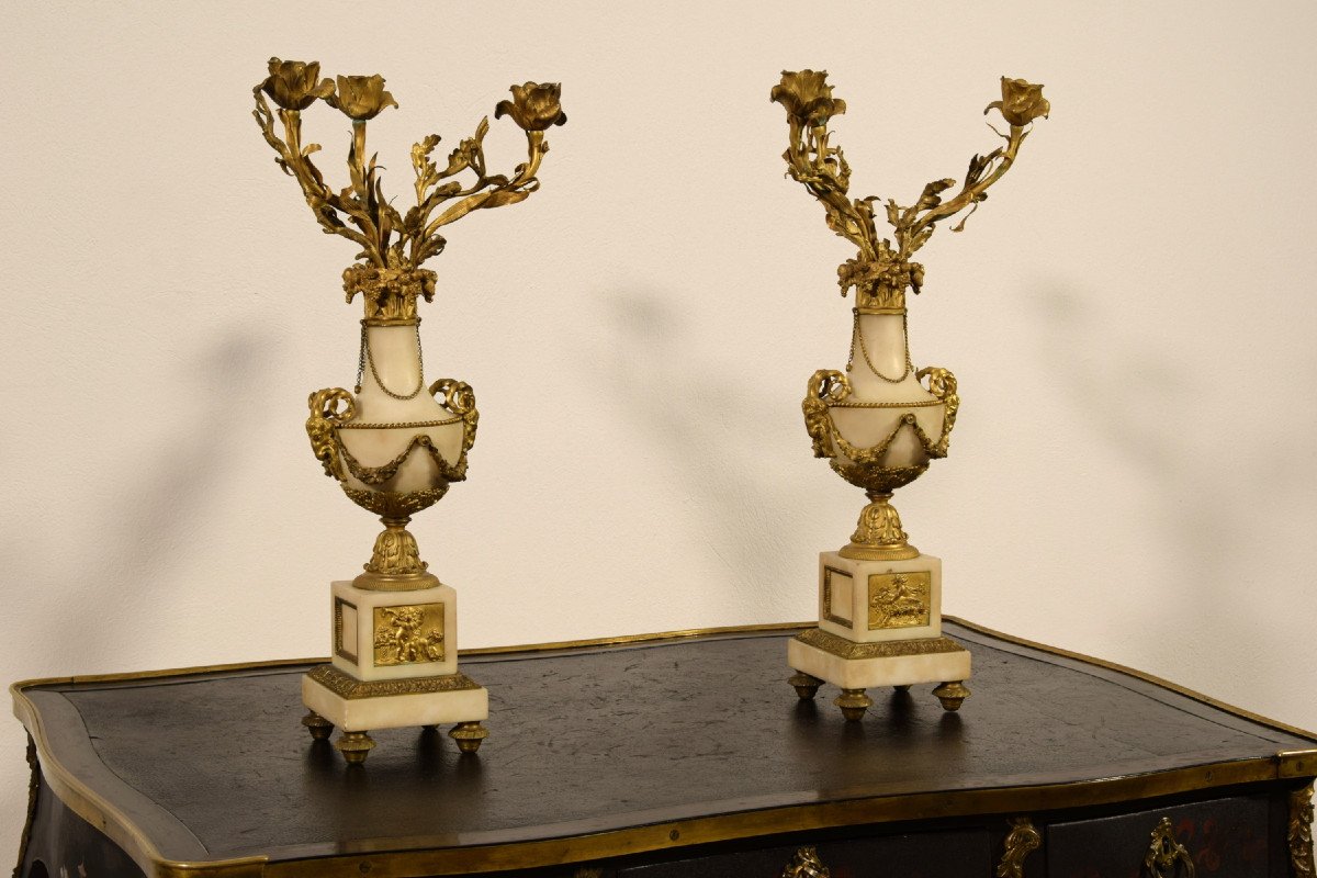 19th Century, Pair Of French Gilt Bronze And Marble Candelabra-photo-3