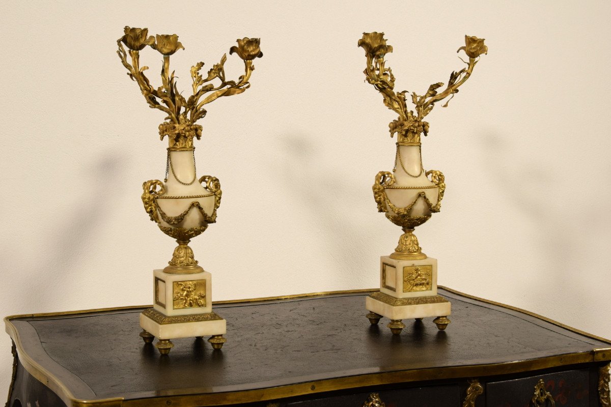 19th Century, Pair Of French Gilt Bronze And Marble Candelabra-photo-4