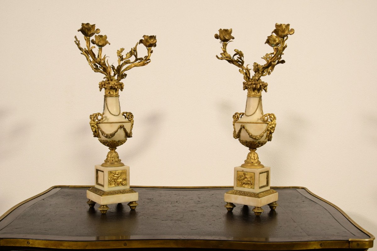 19th Century, Pair Of French Gilt Bronze And Marble Candelabra-photo-5