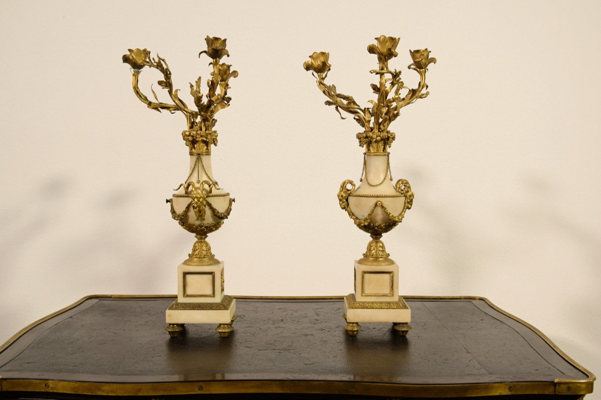 19th Century, Pair Of French Gilt Bronze And Marble Candelabra-photo-6