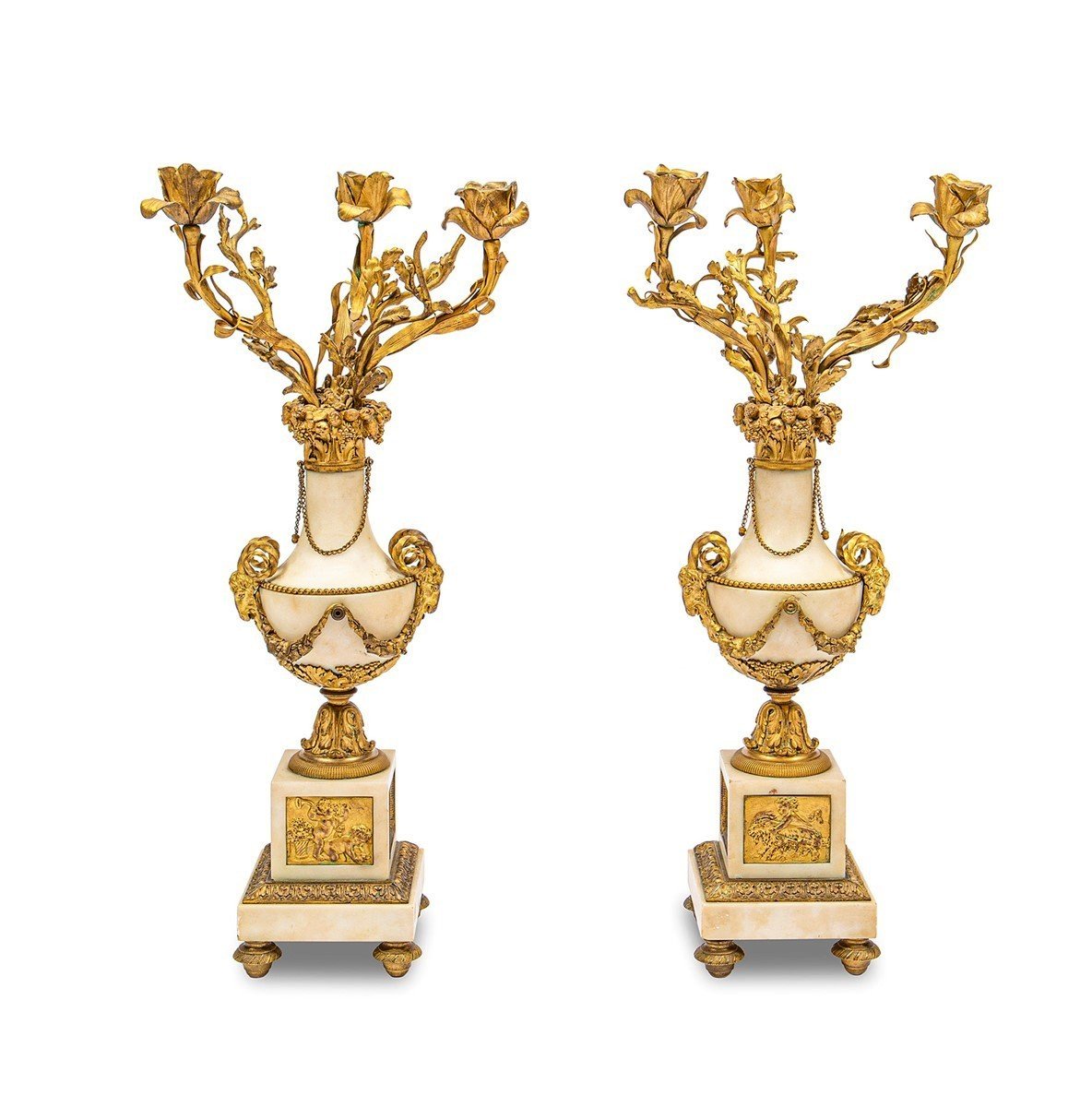 19th Century, Pair Of French Gilt Bronze And Marble Candelabra