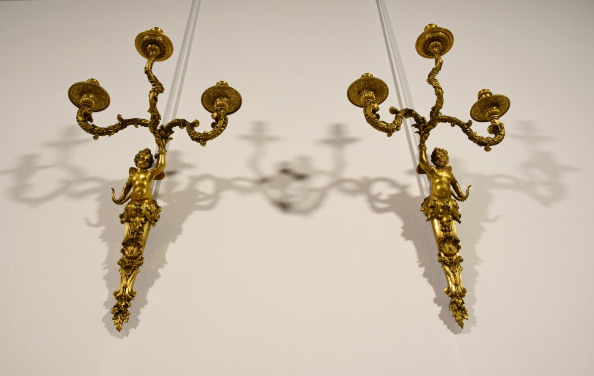 Paire De Appliques à Trois Lumières En Bronze Doré, France XIXe Siècle, Style Louis XV-photo-1