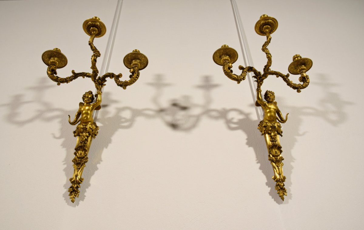 19th Century, Pair Of French Three-light Gitl Bronze Sconces-photo-1