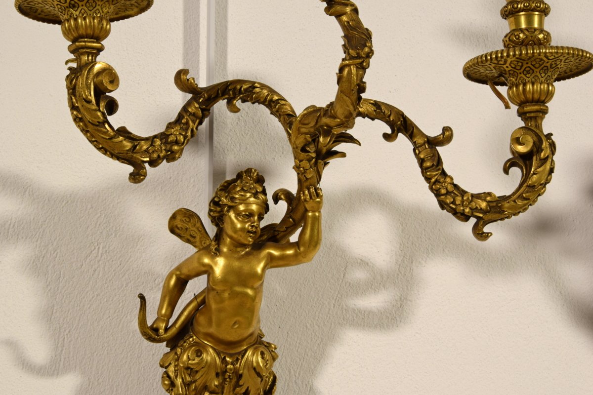 Paire De Appliques à Trois Lumières En Bronze Doré, France XIXe Siècle, Style Louis XV-photo-6