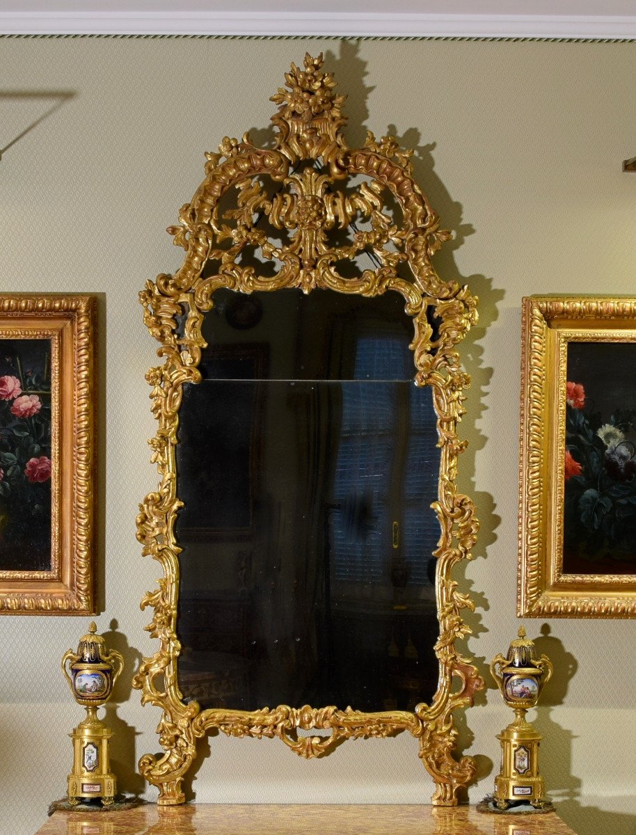 Miroir Louis XV En Bois Sculpté Et Doré, Italie XVIII Siècle-photo-2