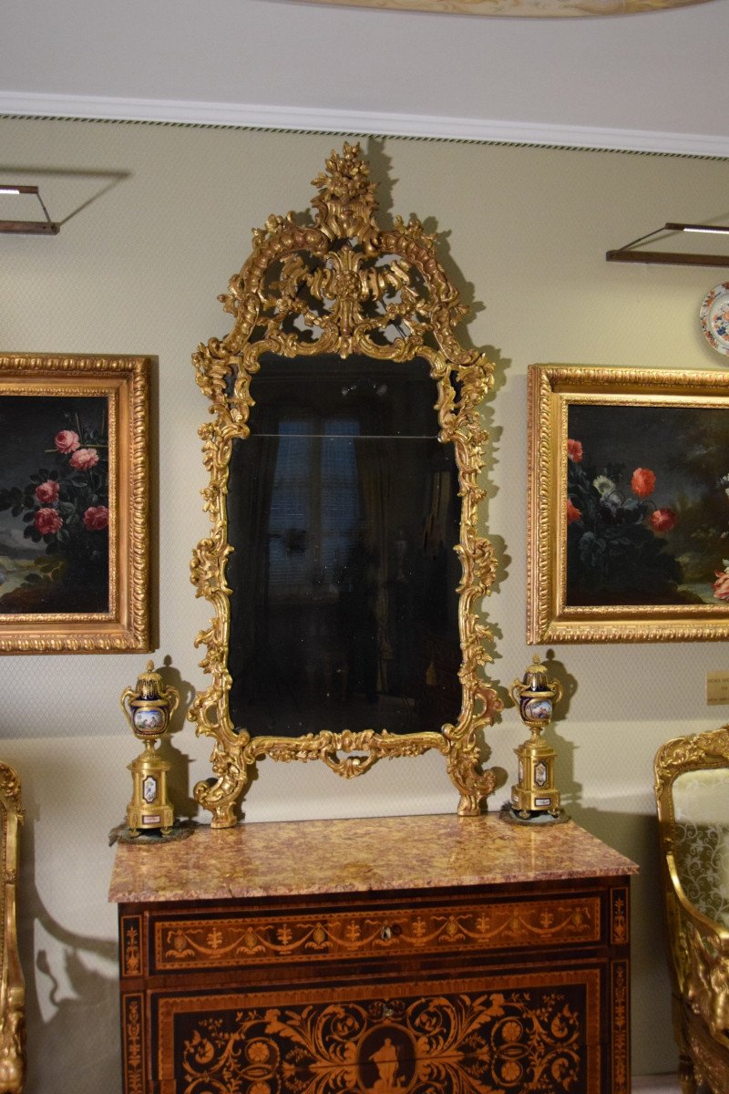 Miroir Louis XV En Bois Sculpté Et Doré, Italie XVIII Siècle-photo-4