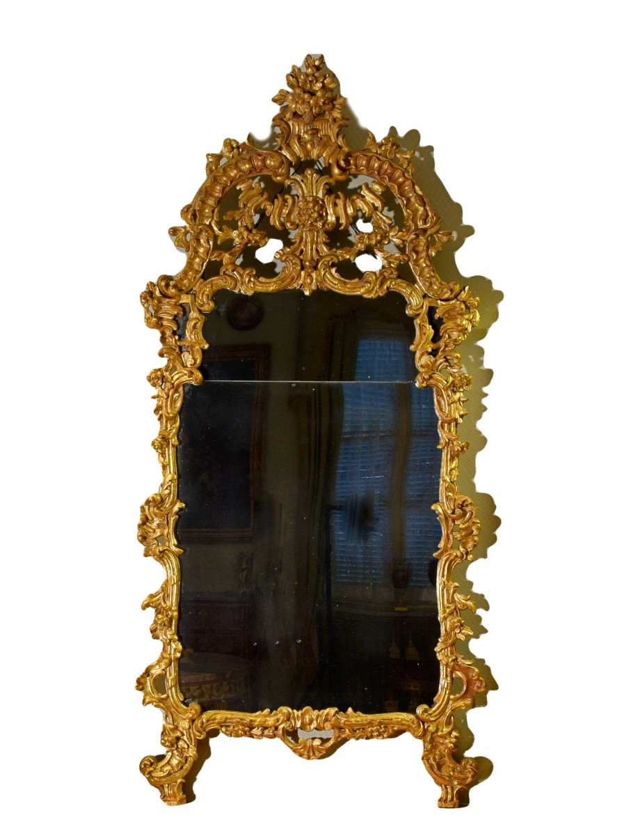 Miroir Louis XV En Bois Sculpté Et Doré, Italie XVIII Siècle