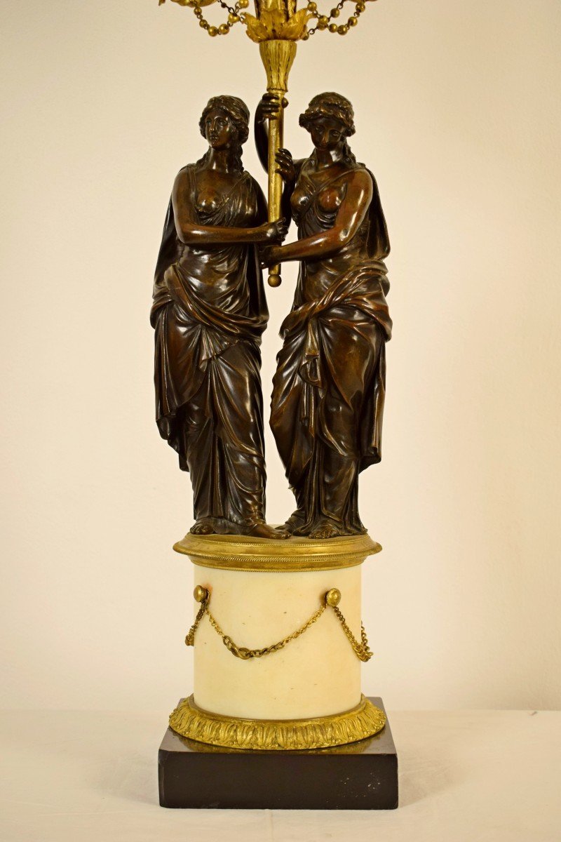18th Century, French Bronze Three-light Candelabra With Female Figures-photo-5