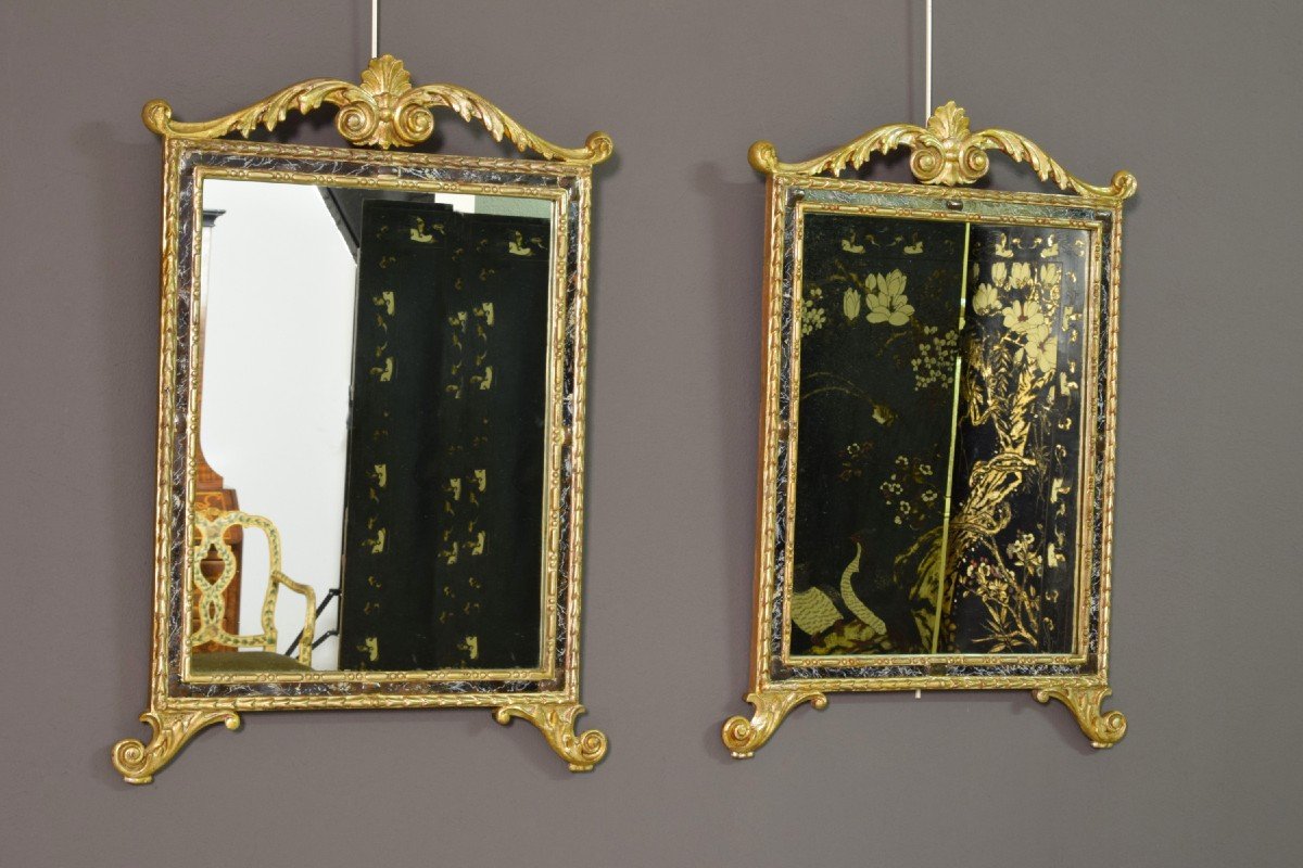 18th Century, Pair Of Italian Neoclassical Carved And Gilded Wood Mirrors-photo-2