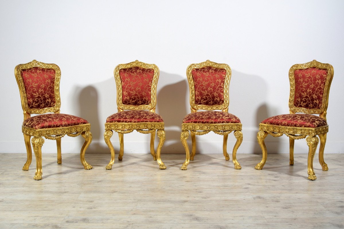 18th Century Four Italian Baroque Carved Gilt Wood Chairs 