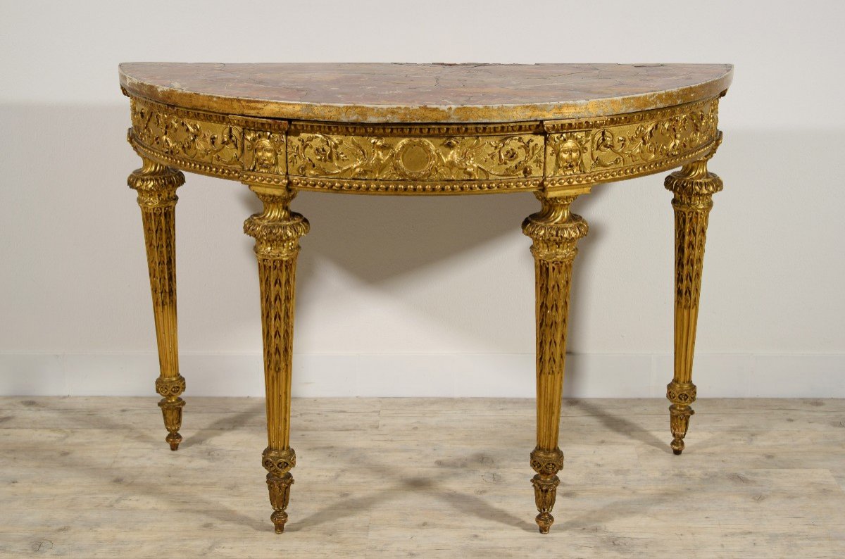 18th Century, Italian Neoclassical Carved Giltwood Demi-lune Console