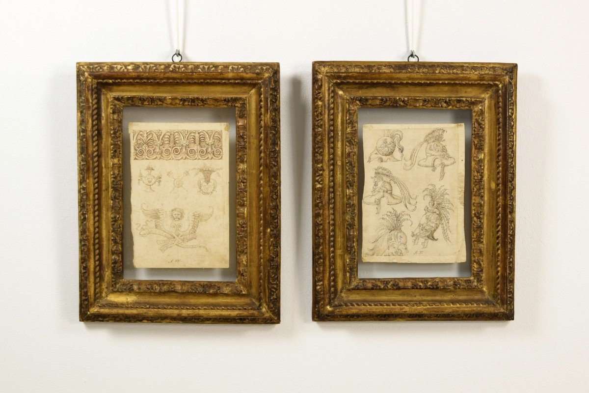 17th Century, Pair Of Ink Drawings On Paper With Studies For Grotesques, Friezes And Helmets-photo-2