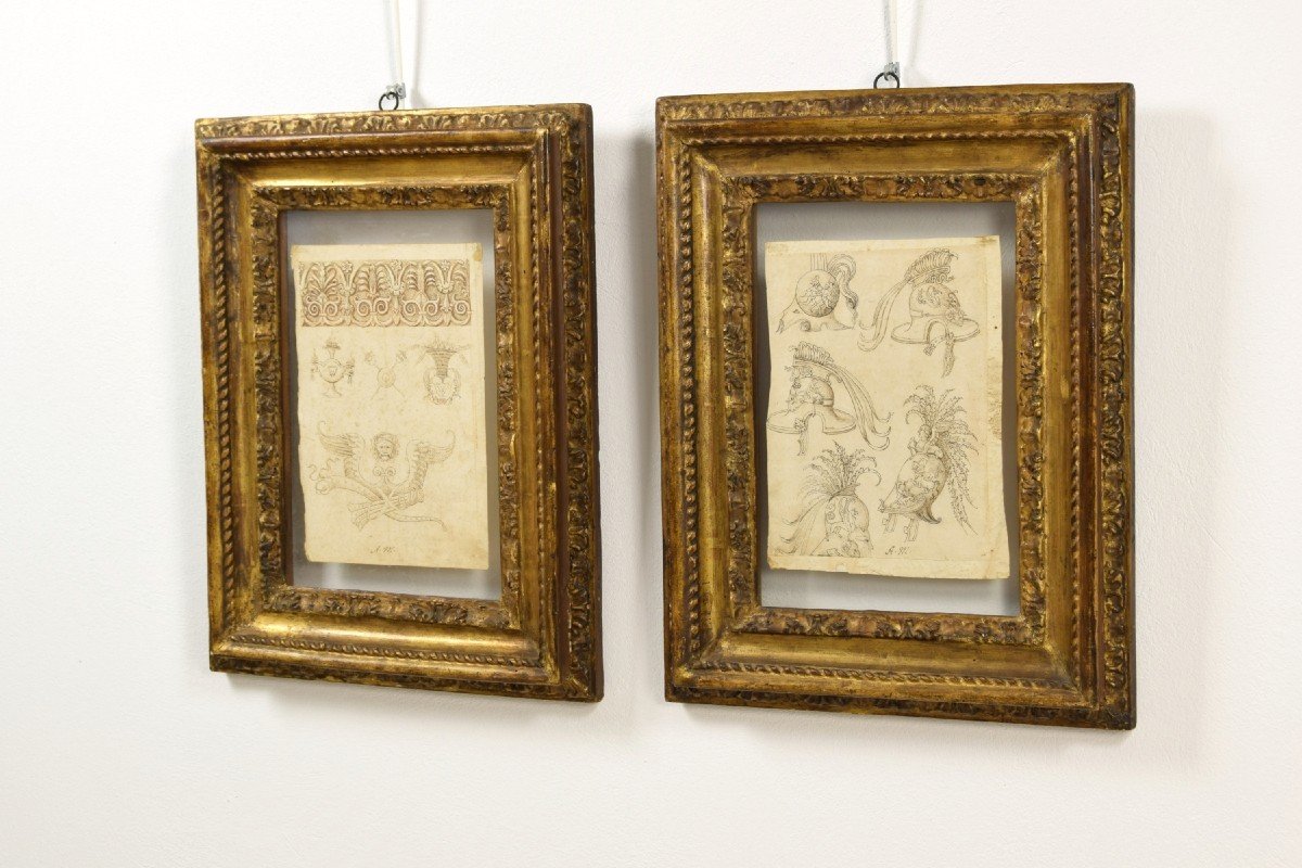 17th Century, Pair Of Ink Drawings On Paper With Studies For Grotesques, Friezes And Helmets-photo-3