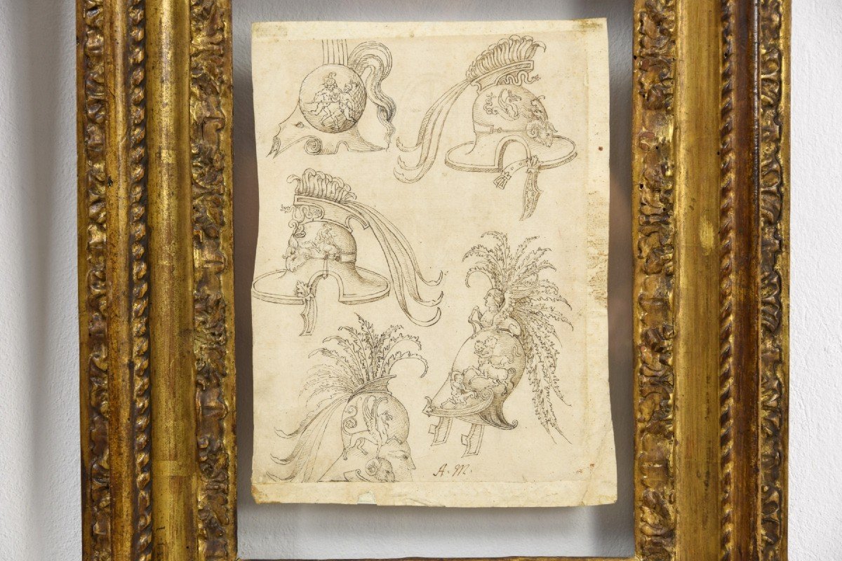 17th Century, Pair Of Ink Drawings On Paper With Studies For Grotesques, Friezes And Helmets-photo-1