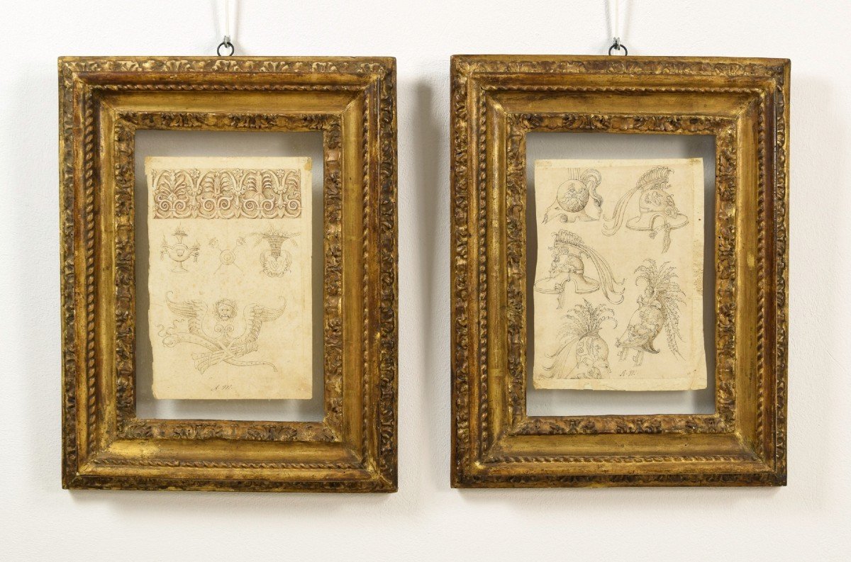 17th Century, Pair Of Ink Drawings On Paper With Studies For Grotesques, Friezes And Helmets