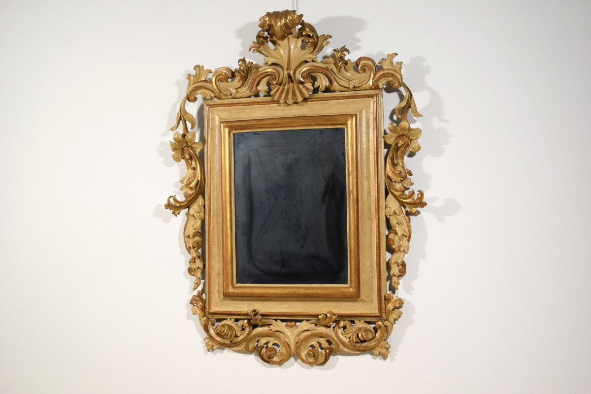 Grand Miroir Laqué Et Doré à Motifs Rocaille, Italie, Début Du 18ème Siècle-photo-4