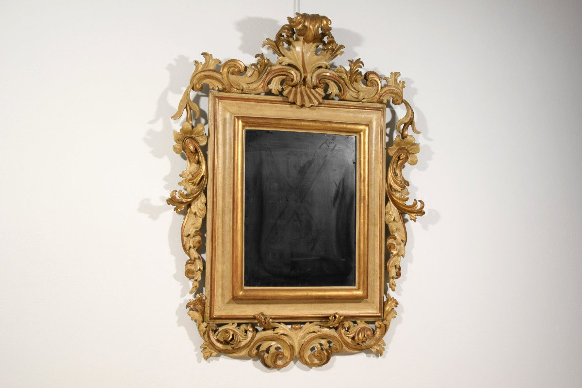 Grand Miroir Laqué Et Doré à Motifs Rocaille, Italie, Début Du 18ème Siècle-photo-1