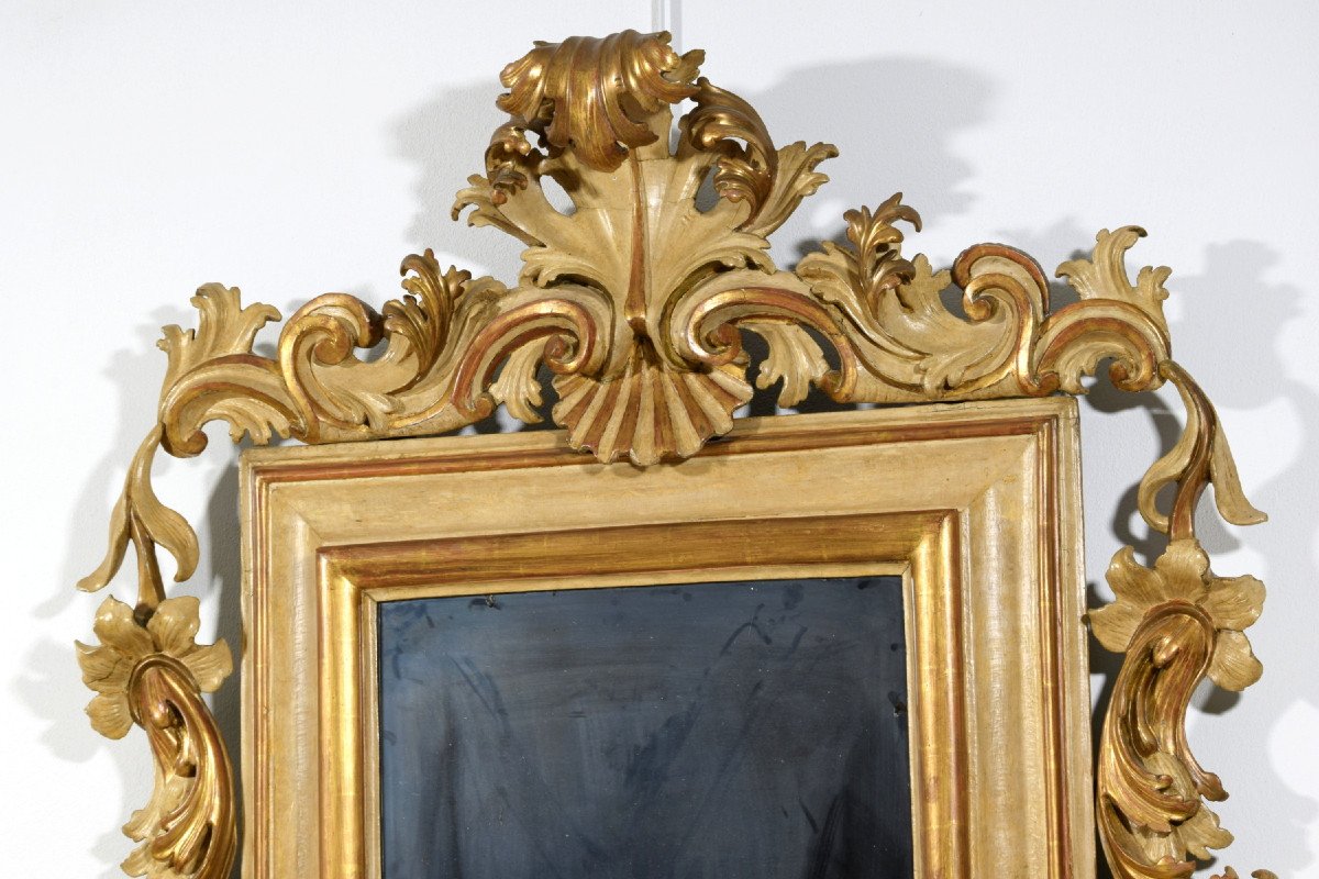 18th Century, Large Italian Lacquered And Gilt Wood Mirror With Rocaille Motifs-photo-3