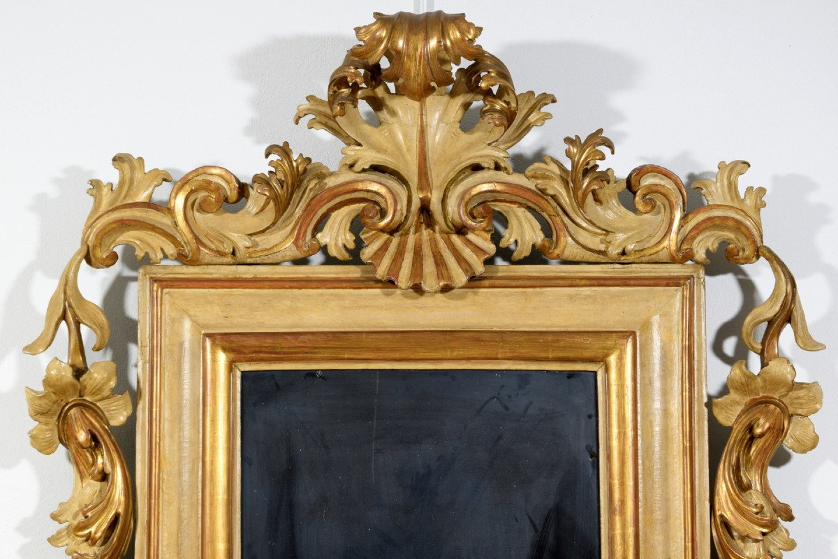 Grand Miroir Laqué Et Doré à Motifs Rocaille, Italie, Début Du 18ème Siècle-photo-4