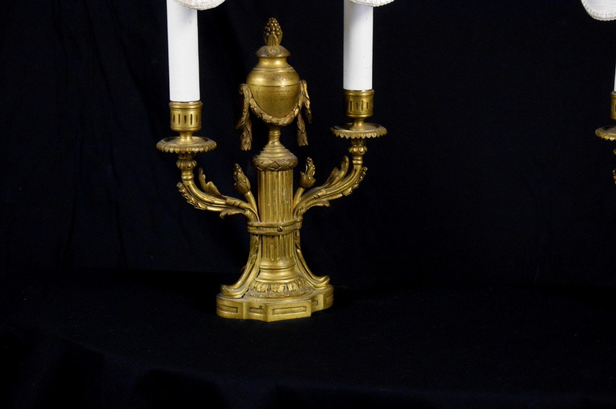 19th Century, Pair Of French Two Lights Gilt Bronze Candlesticks-photo-1