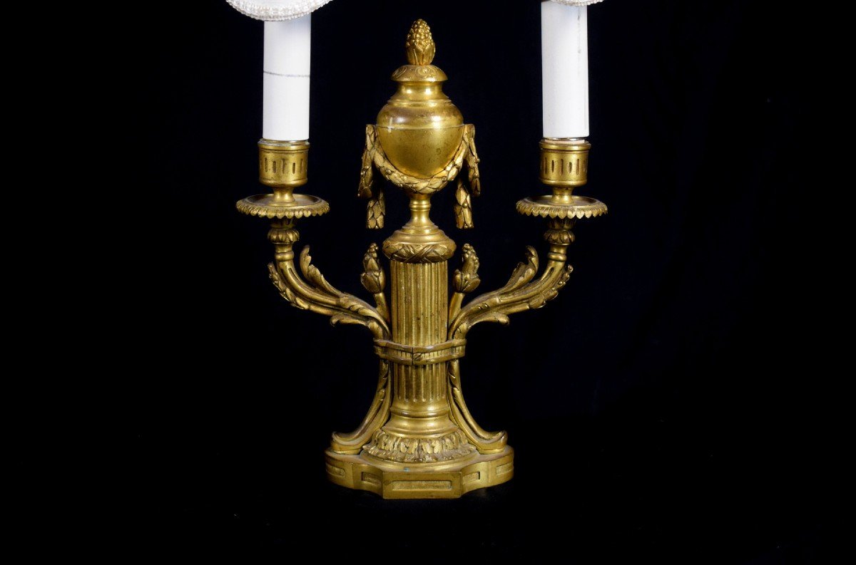 Paire De Lampes Bouillotte à Deux Lumières En Bronze Ciselé Et Doré, France XIXe Siècle-photo-2