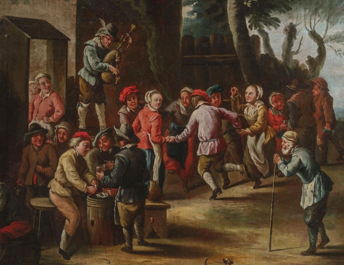 Giovanni Michele Graneri (Italie, Turin 1708-1762), Bambocciata (Paysans dansant devant l’auberge)-photo-1
