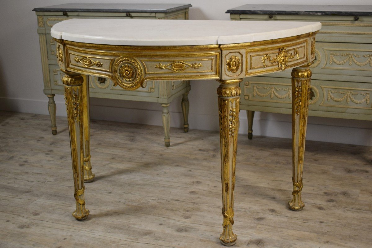 Console Néo-classique En Demi-lune Laquée Et Dorée, Naples XVIIIe Siècle-photo-4