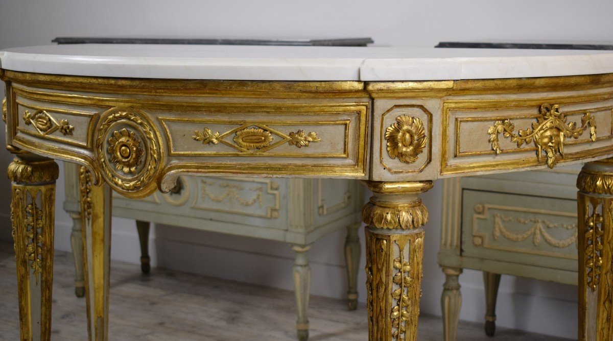Console Néo-classique En Demi-lune Laquée Et Dorée, Naples XVIIIe Siècle-photo-3