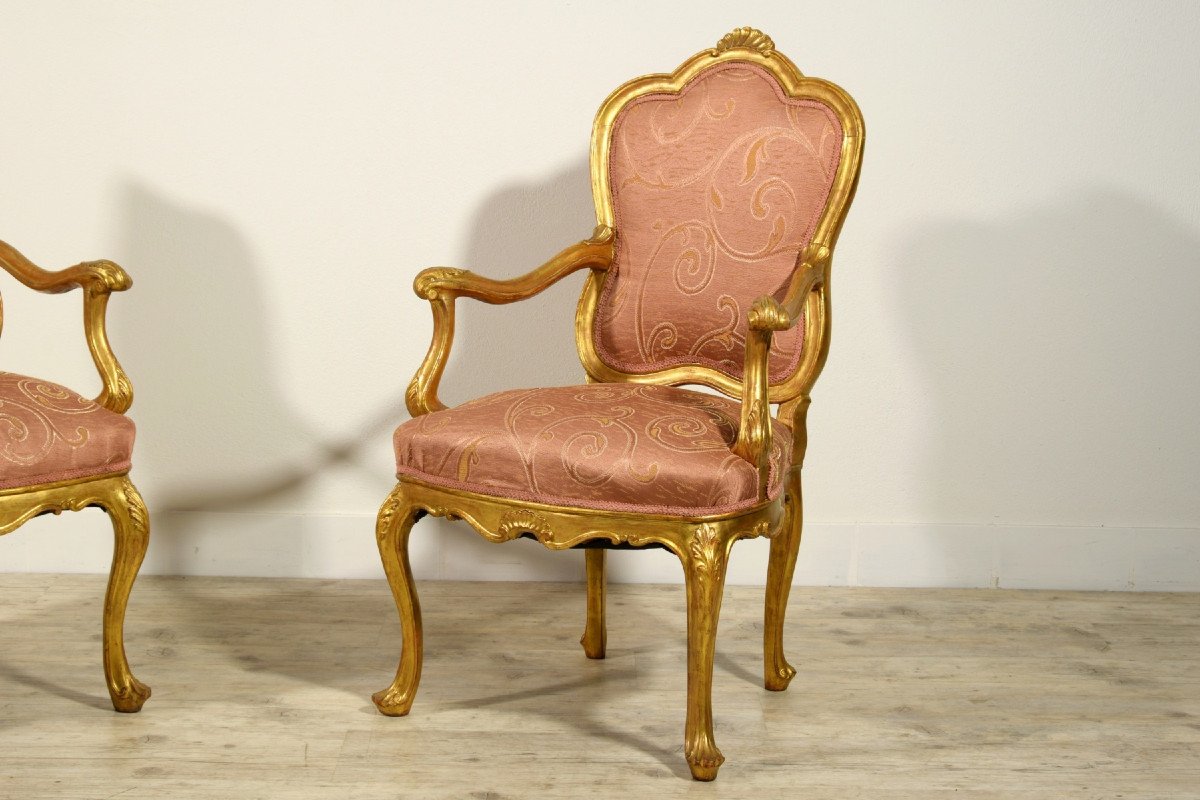 19th Century, Pair Of Italian Giltwood Armchairs -photo-1