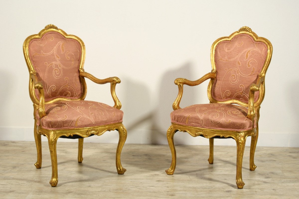 19th Century, Pair Of Italian Giltwood Armchairs -photo-3