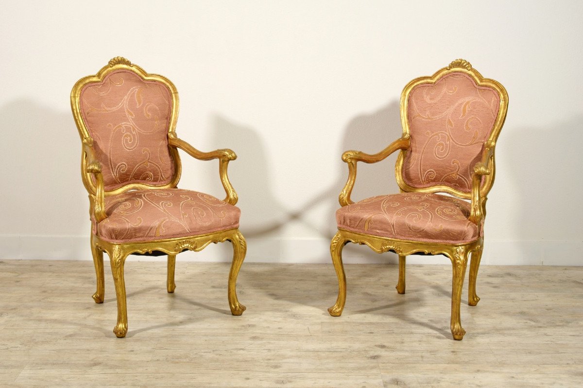 19th Century, Pair Of Italian Giltwood Armchairs 