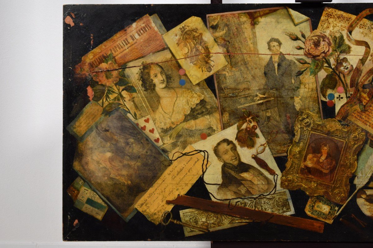 Peinture Huile Sur Table Avec Trompe L’œil Et Collage, Nord De L’italie, Milieu Du XIXe Siècle-photo-3