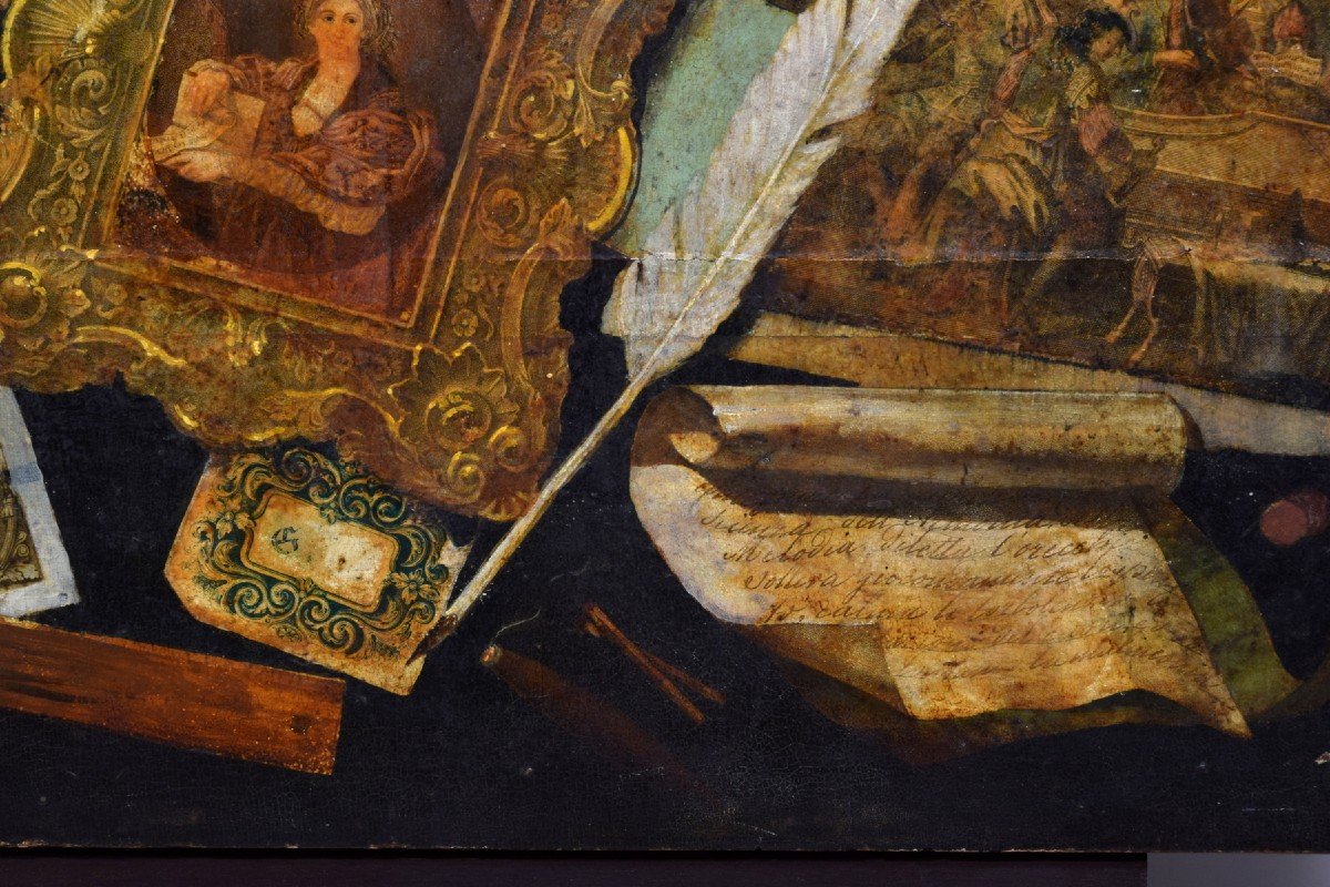 Peinture Huile Sur Table Avec Trompe L’œil Et Collage, Nord De L’italie, Milieu Du XIXe Siècle-photo-1