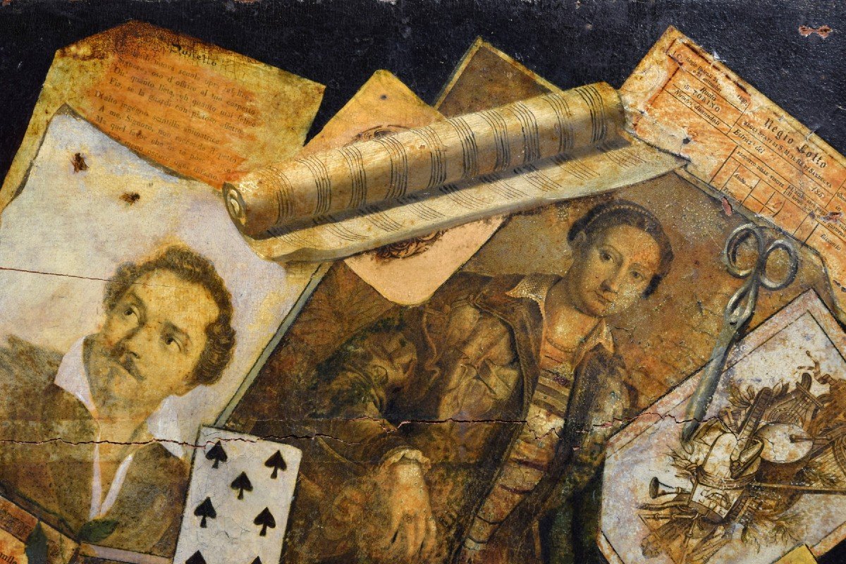 Peinture Huile Sur Table Avec Trompe L’œil Et Collage, Nord De L’italie, Milieu Du XIXe Siècle-photo-3
