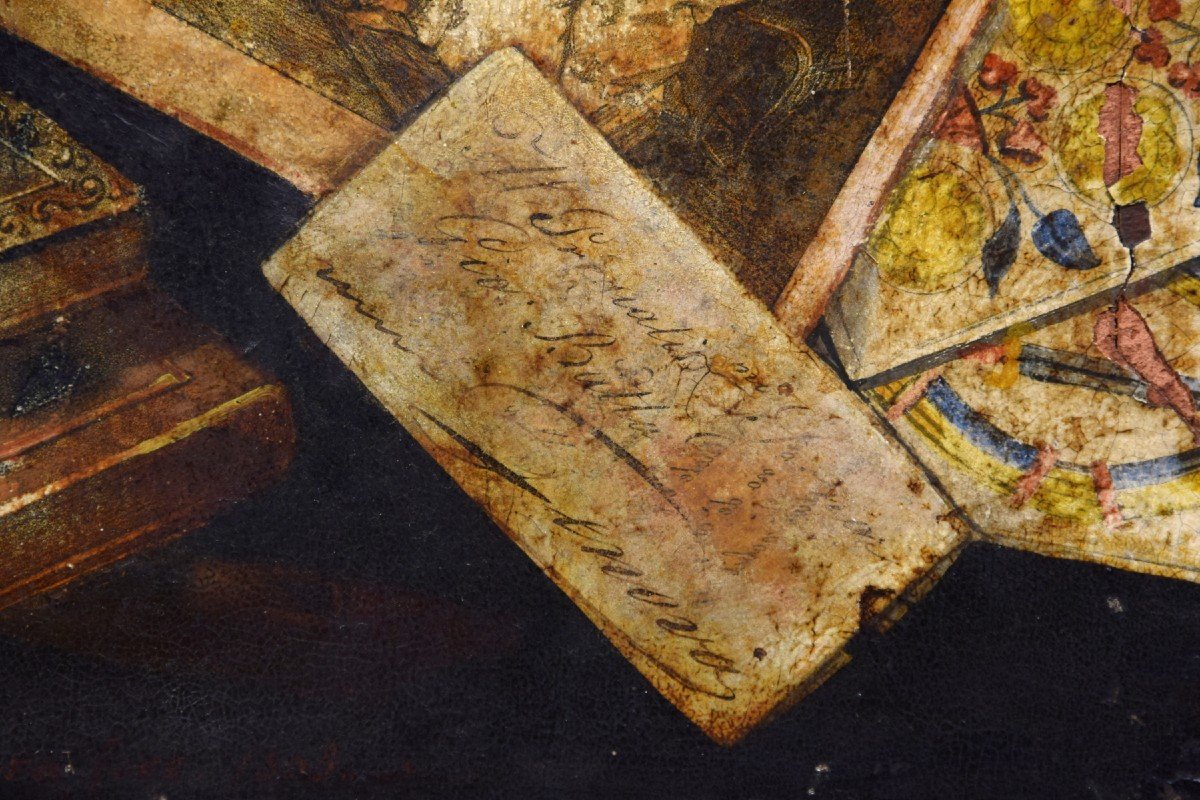 Peinture Huile Sur Table Avec Trompe L’œil Et Collage, Nord De L’italie, Milieu Du XIXe Siècle-photo-7