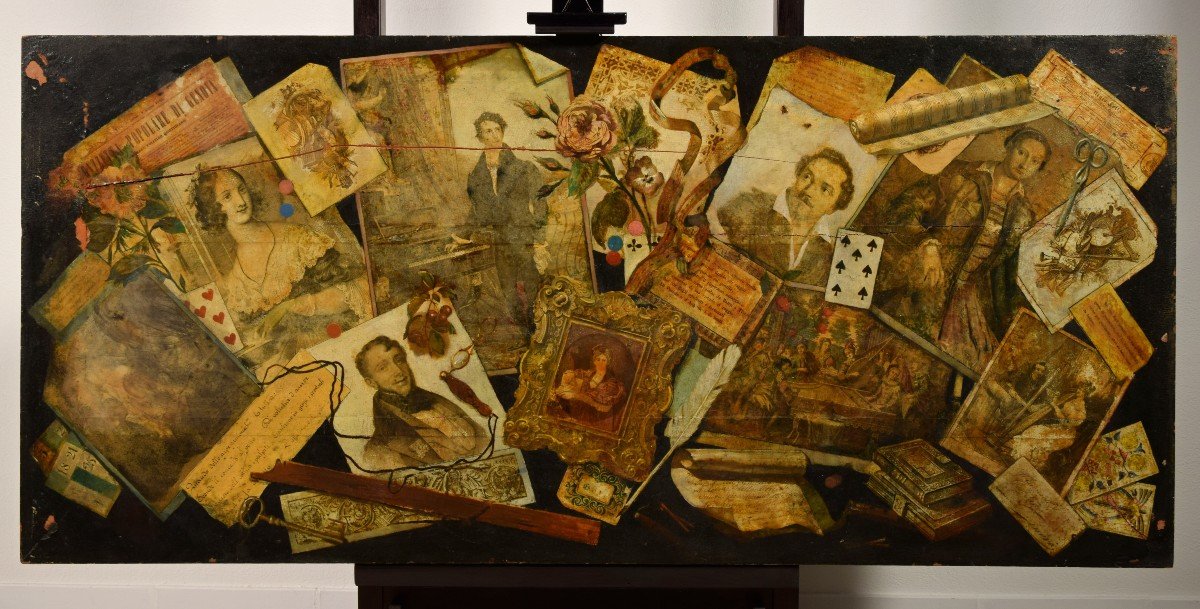 Oil Painting On Table With Trompe l'œil And Collage, Northern Italy, Mid 19th Century