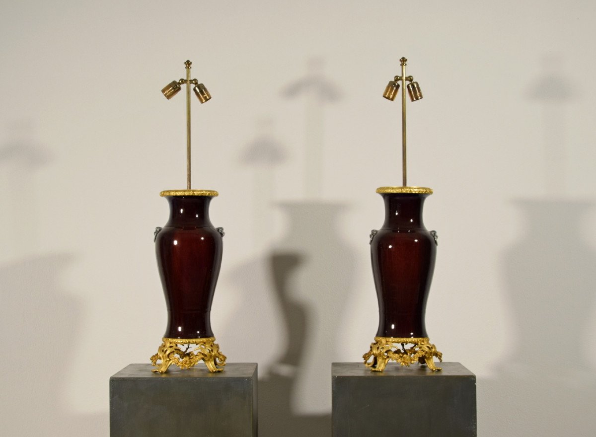 Pair Of Lamps Composed Of Chinese Ceramic Vase And Gilt Bronze Frame, France 19th Century-photo-3