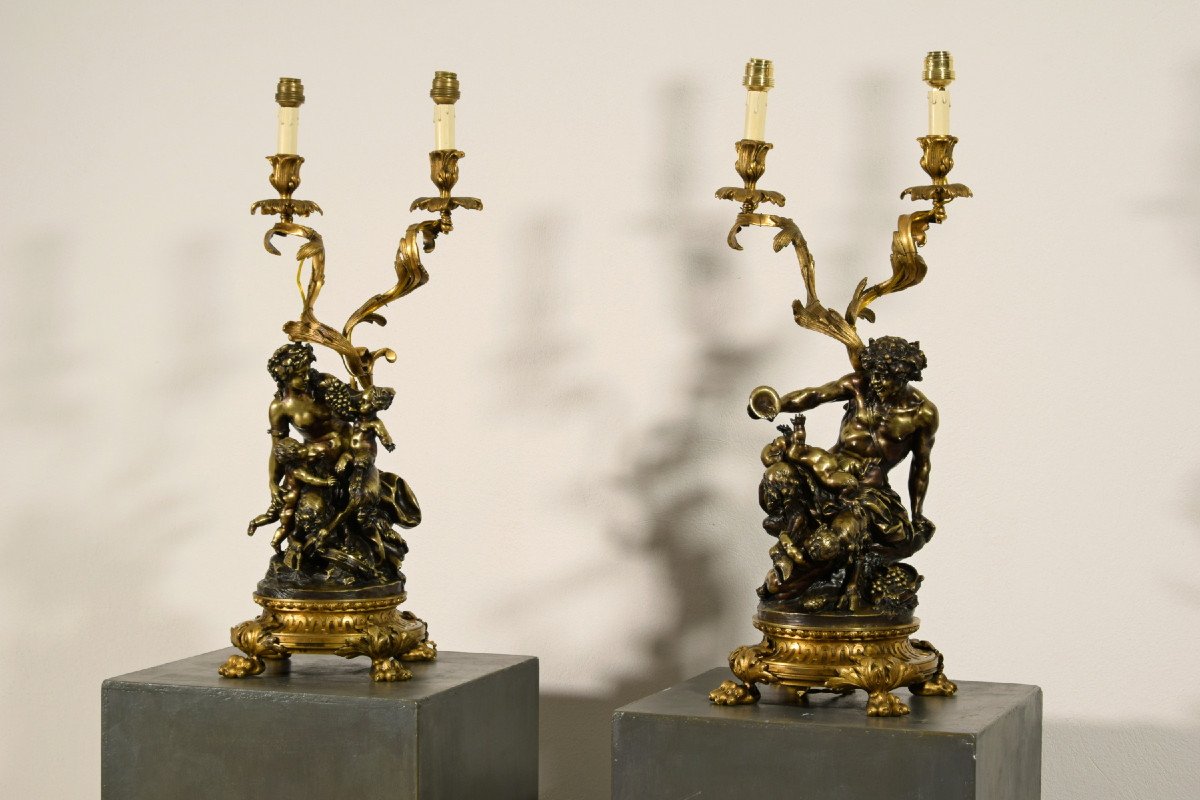 19th Century Pair Of French Bronze Candlesticks Lamps Depicting Bacchanal Of Satyrs-photo-2