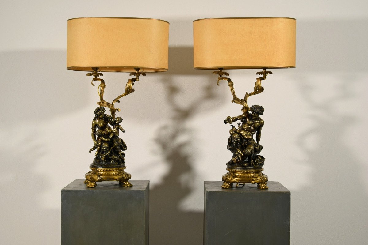 19th Century Pair Of French Bronze Candlesticks Lamps Depicting Bacchanal Of Satyrs-photo-3