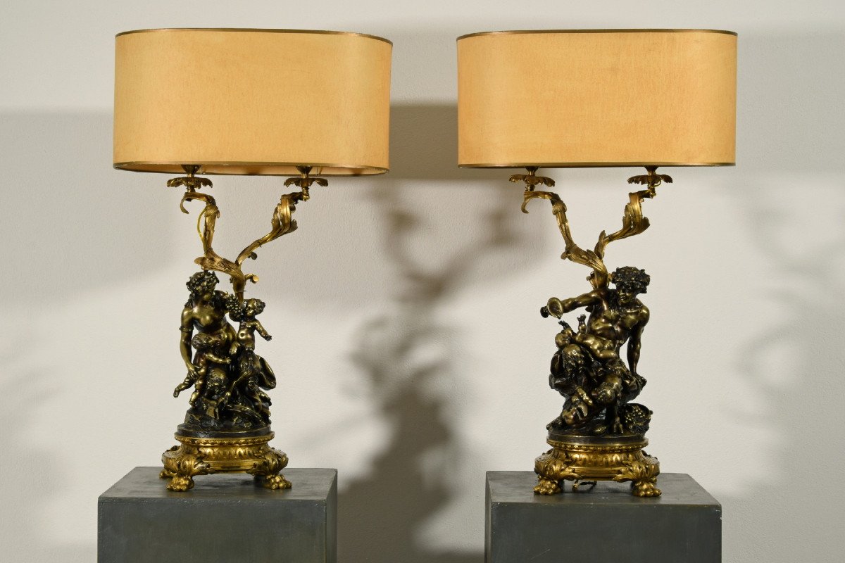 19th Century Pair Of French Bronze Candlesticks Lamps Depicting Bacchanal Of Satyrs-photo-4