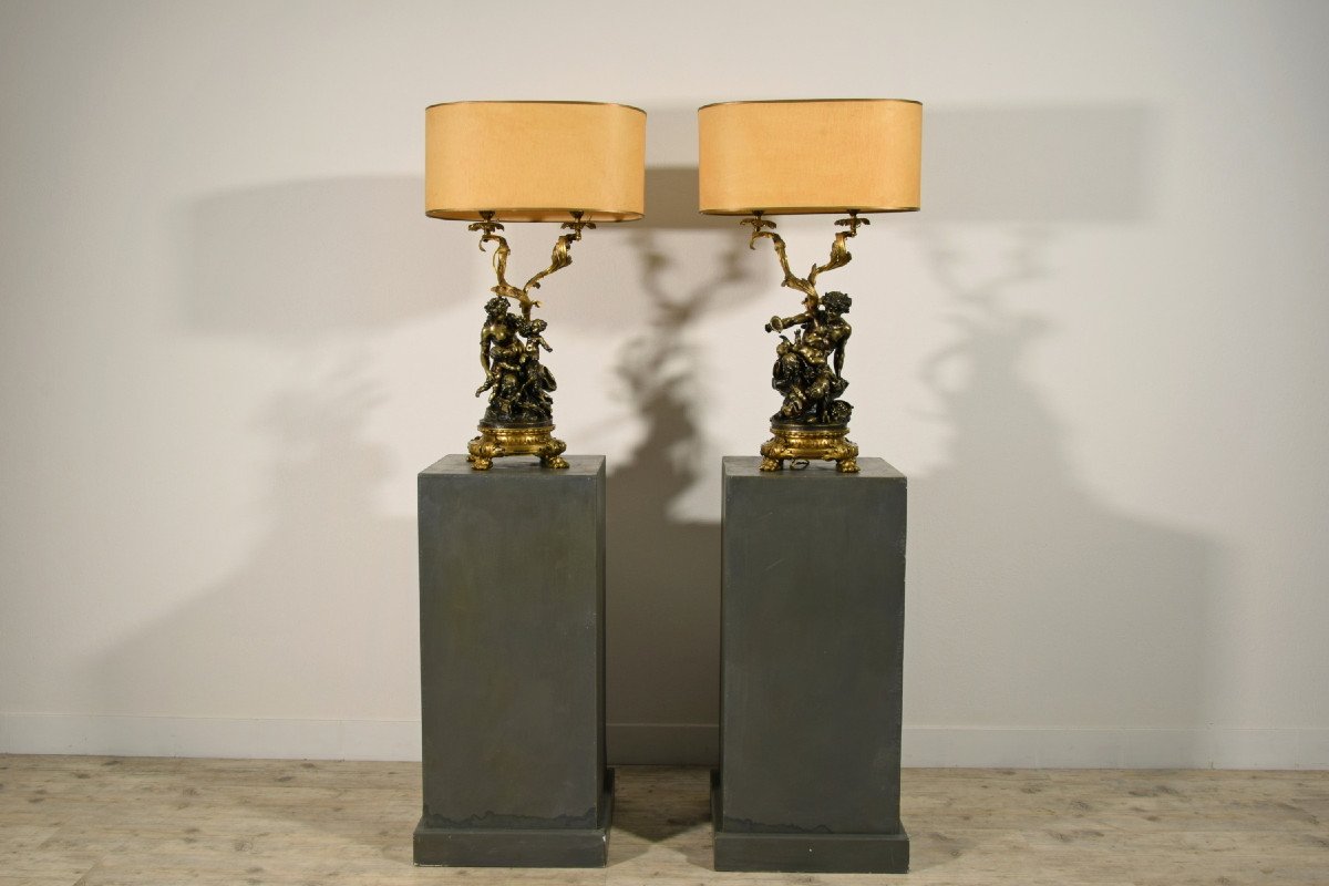 19th Century Pair Of French Bronze Candlesticks Lamps Depicting Bacchanal Of Satyrs-photo-4