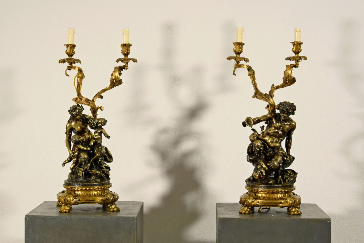 Paire De Chandeliers En Bronze Signés Clodion Représentant Des Bacchanales De Satiri