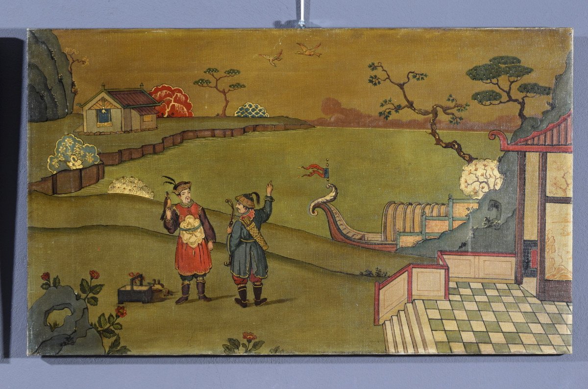 Couple De Peintures Représentant Des Paysages à Chinoiserie, Italie, Début du XXe siècle-photo-3