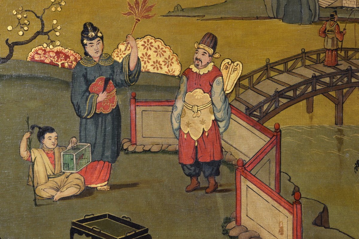 Couple De Peintures Représentant Des Paysages à Chinoiserie, Italie, Début du XXe siècle-photo-2