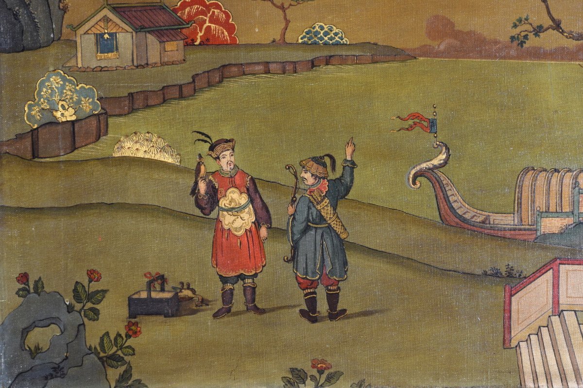 Couple De Peintures Représentant Des Paysages à Chinoiserie, Italie, Début du XXe siècle-photo-3