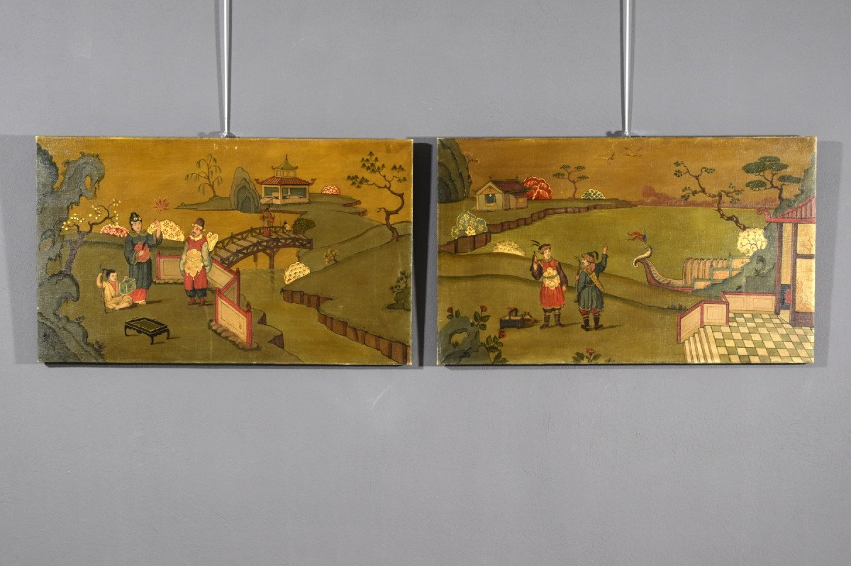 Couple De Peintures Représentant Des Paysages à Chinoiserie, Italie, Début du XXe siècle-photo-7